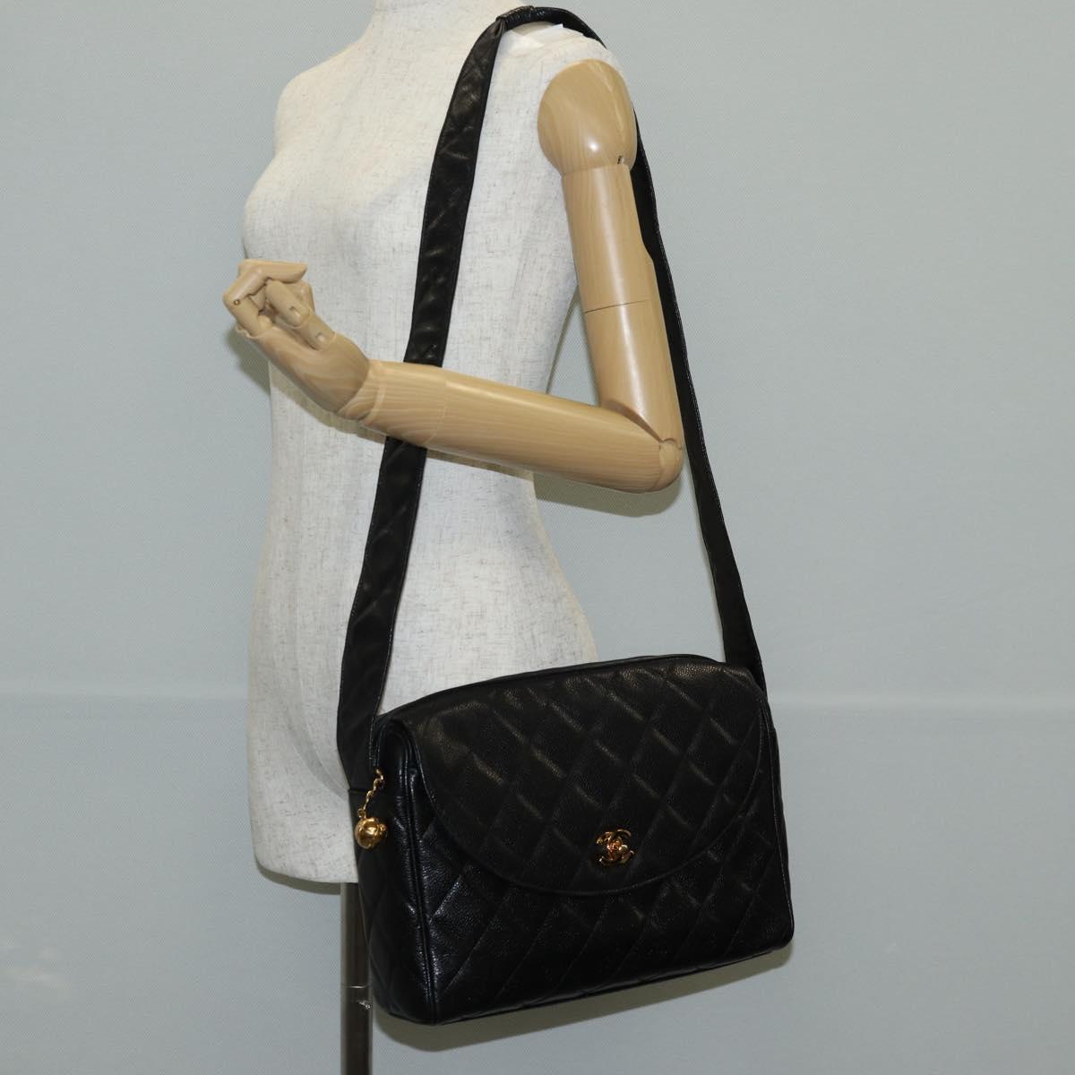 CHANEL Matelasse Shoulder Bag Caviar Skin Black Gold CC Auth yk19085V