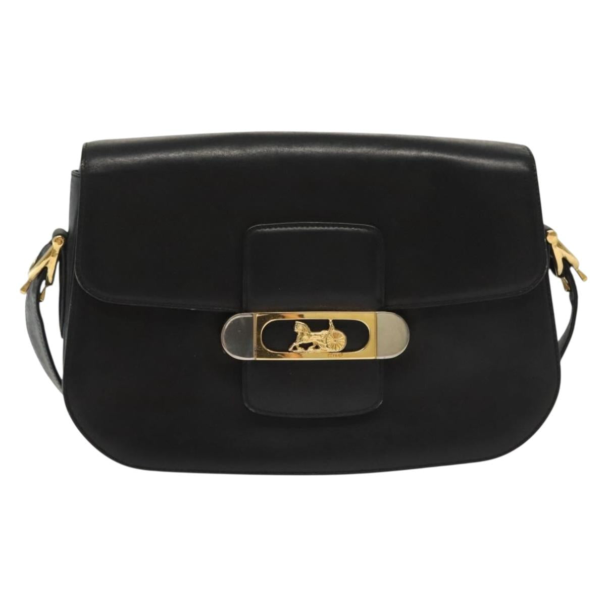 CELINE Horse Carriage Shoulder Bag Leather Black Gold Auth yk19109