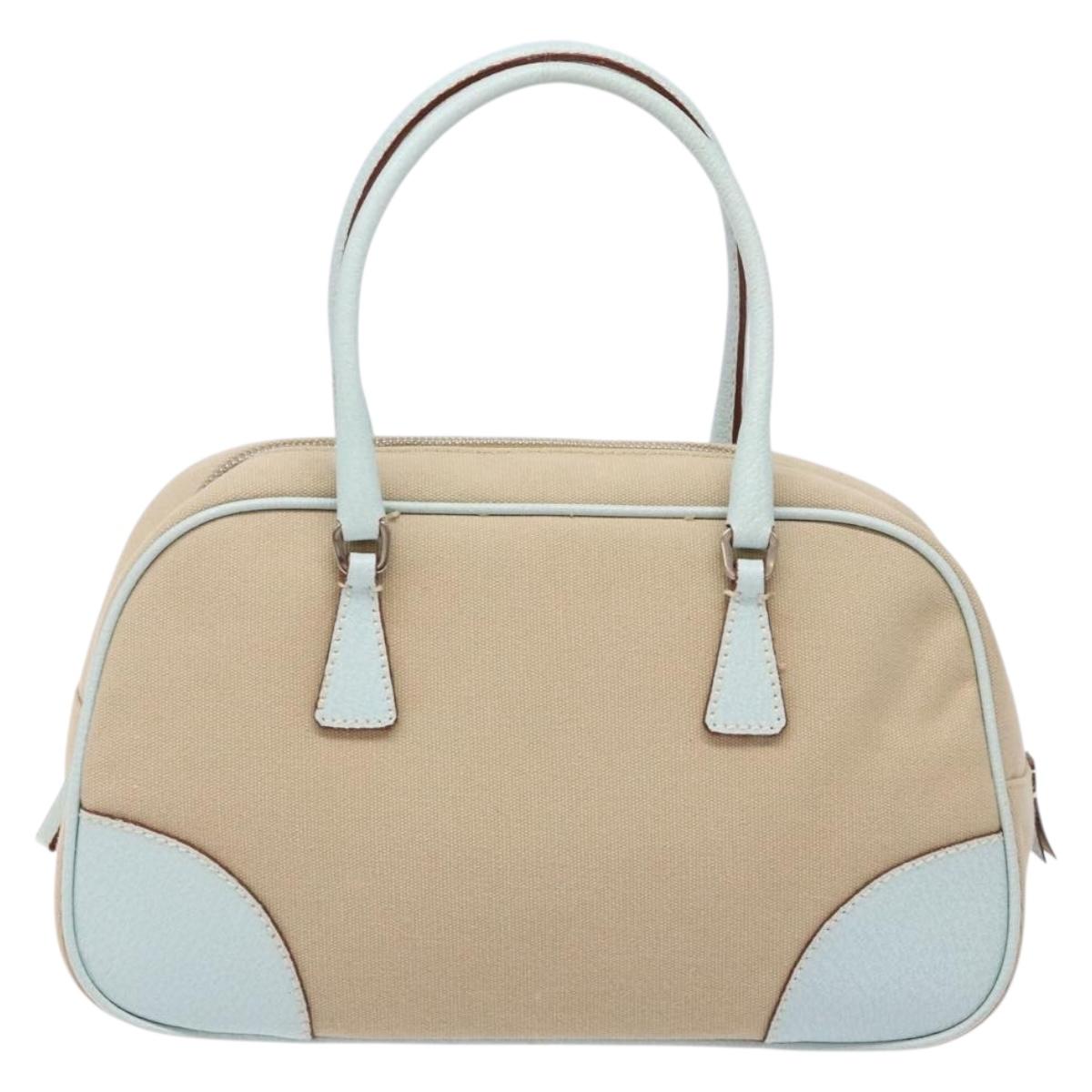 PRADA Hand Bag Canvas Beige Silver Auth yk19198