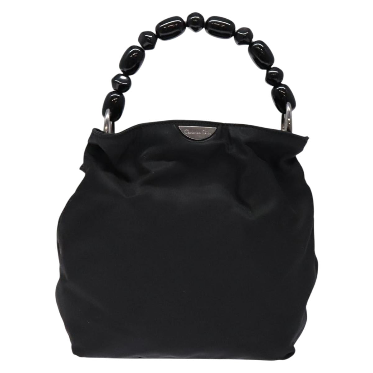 Christian Dior Maris Pearl Hand Bag Nylon Black Silver Auth yk19215