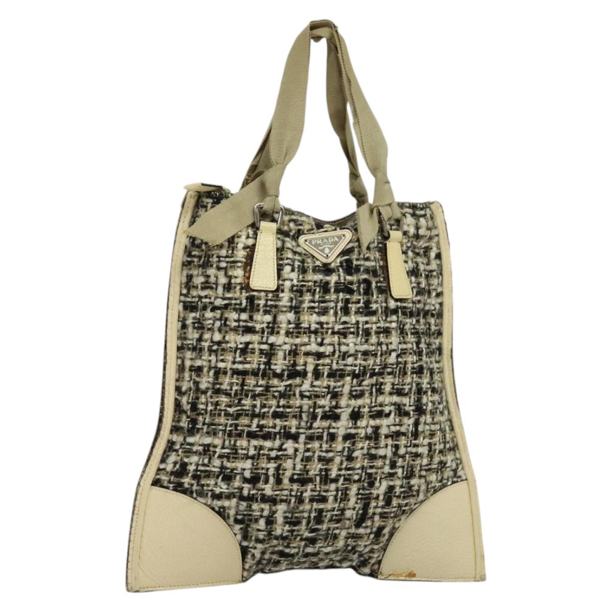 PRADA Hand Bag Tweed Leather Beige Black Silver Auth yk19291