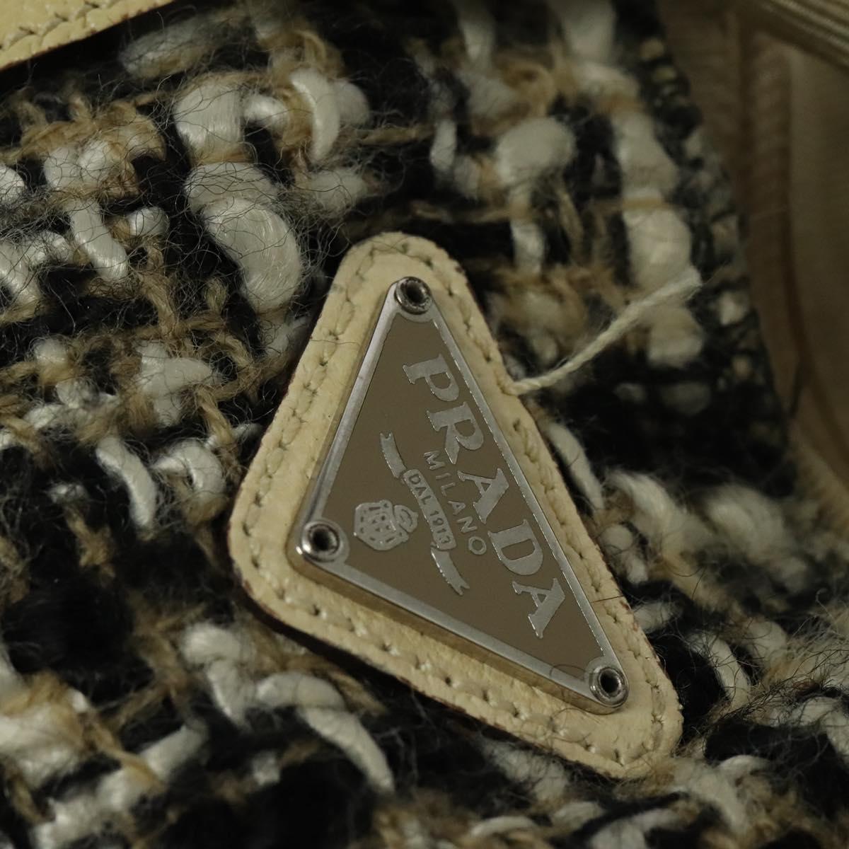 PRADA Hand Bag Tweed Leather Beige Black Silver Auth yk19291