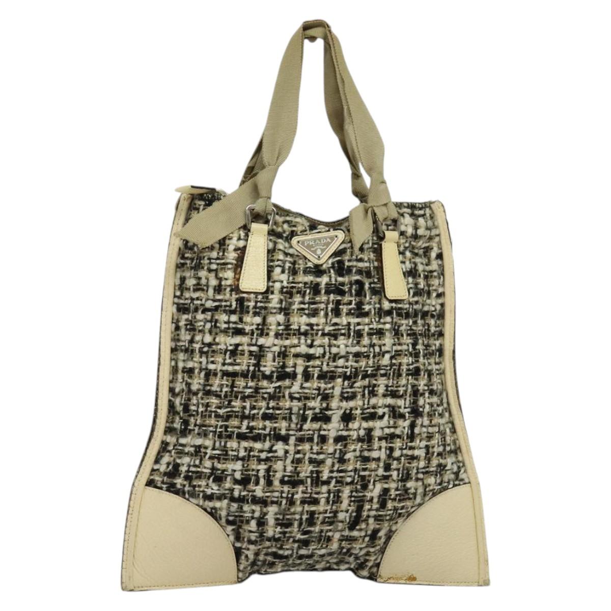 PRADA Hand Bag Tweed Leather Beige Black Silver Auth yk19291