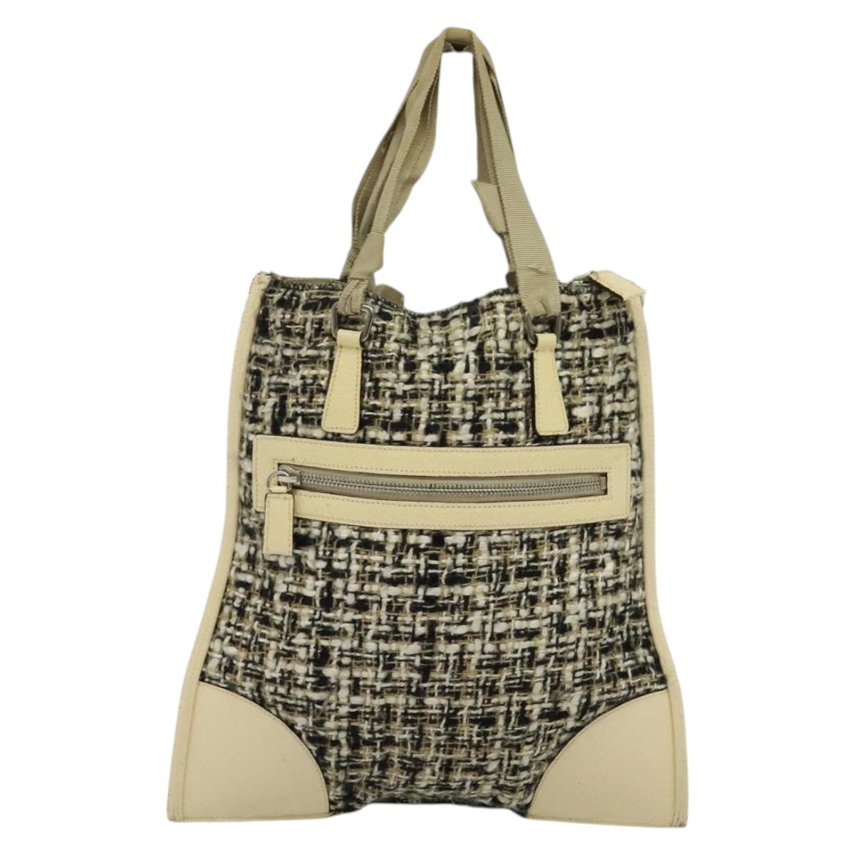 PRADA Hand Bag Tweed Leather Beige Black Silver Auth yk19291