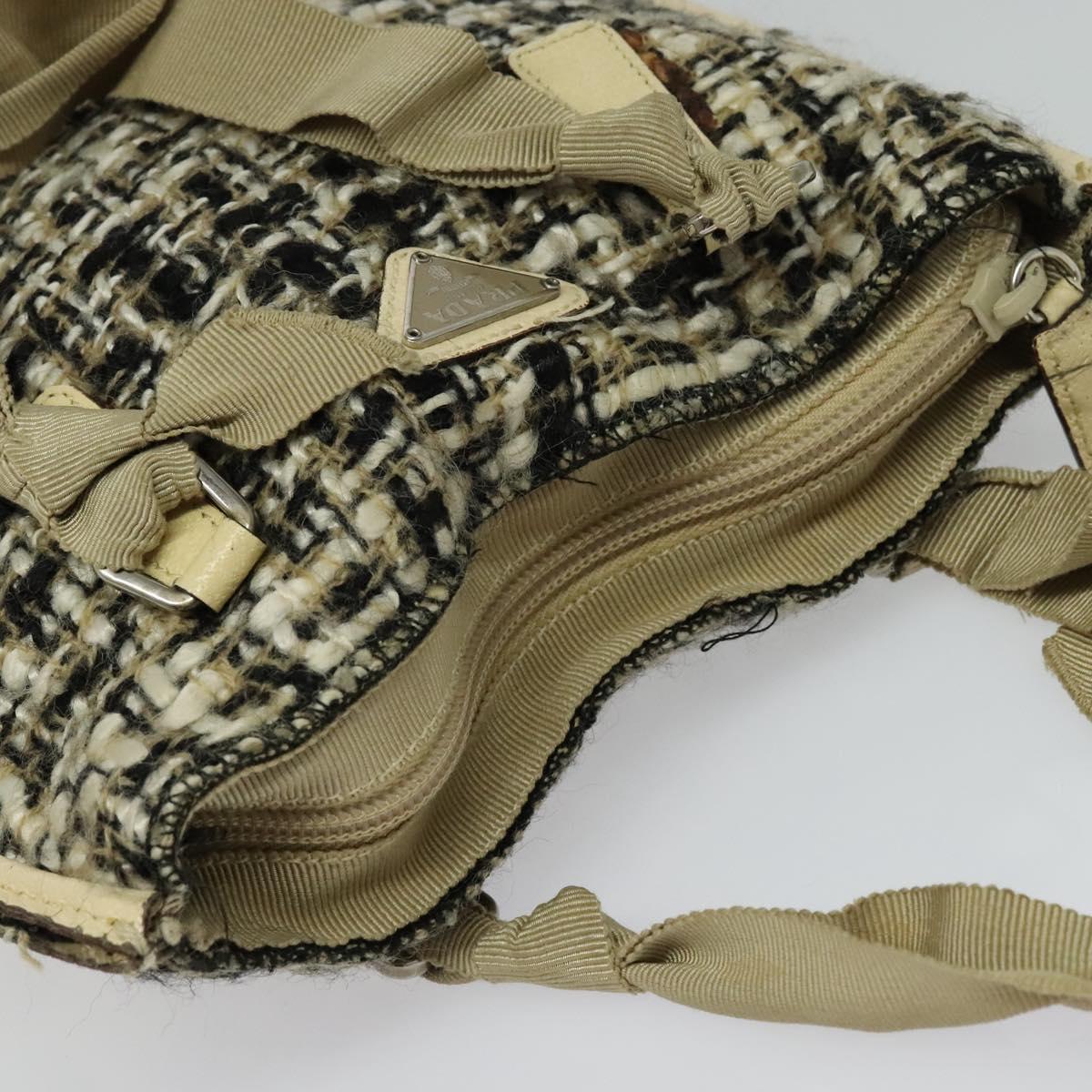 PRADA Hand Bag Tweed Leather Beige Black Silver Auth yk19291