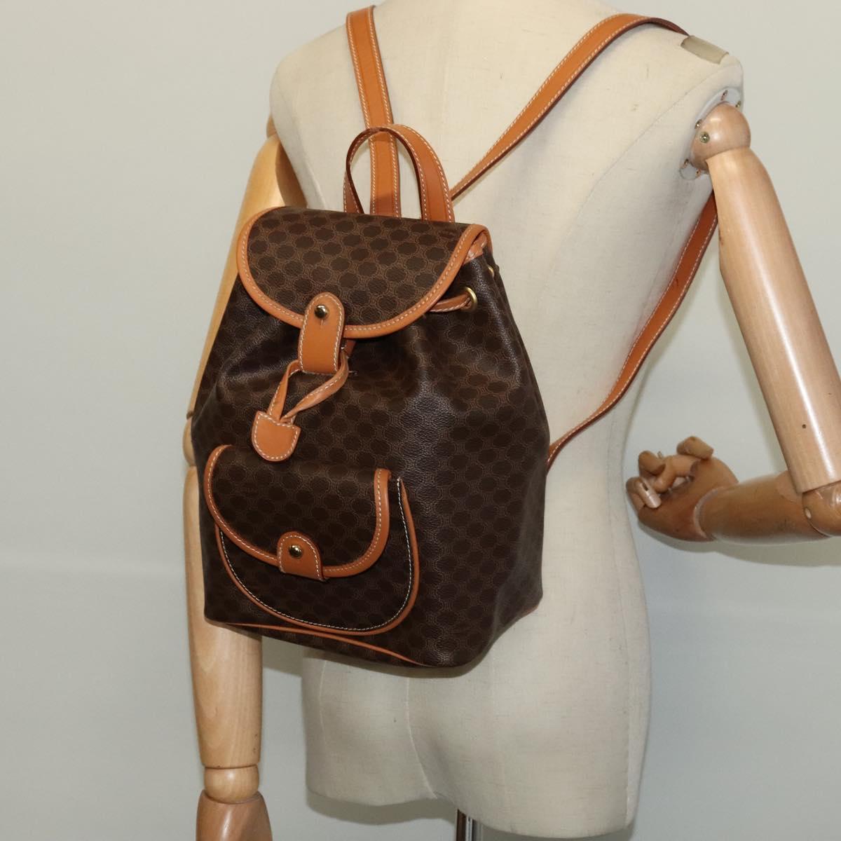 CELINE Macadam Canvas Backpack PVC Leather Brown Gold Auth yk19307