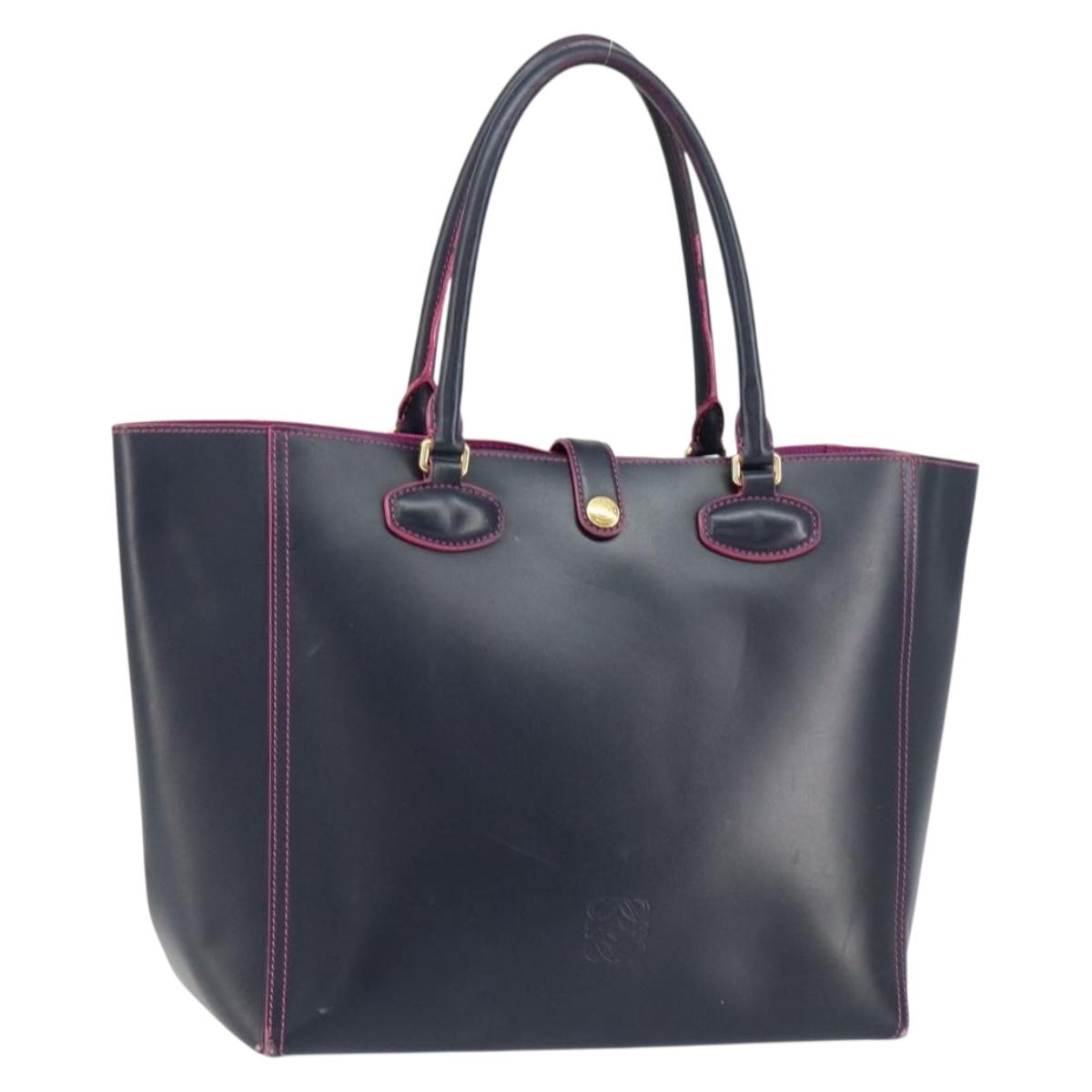 LOEWE Anagram Tote Bag Leather Navy Gold Auth yk19519