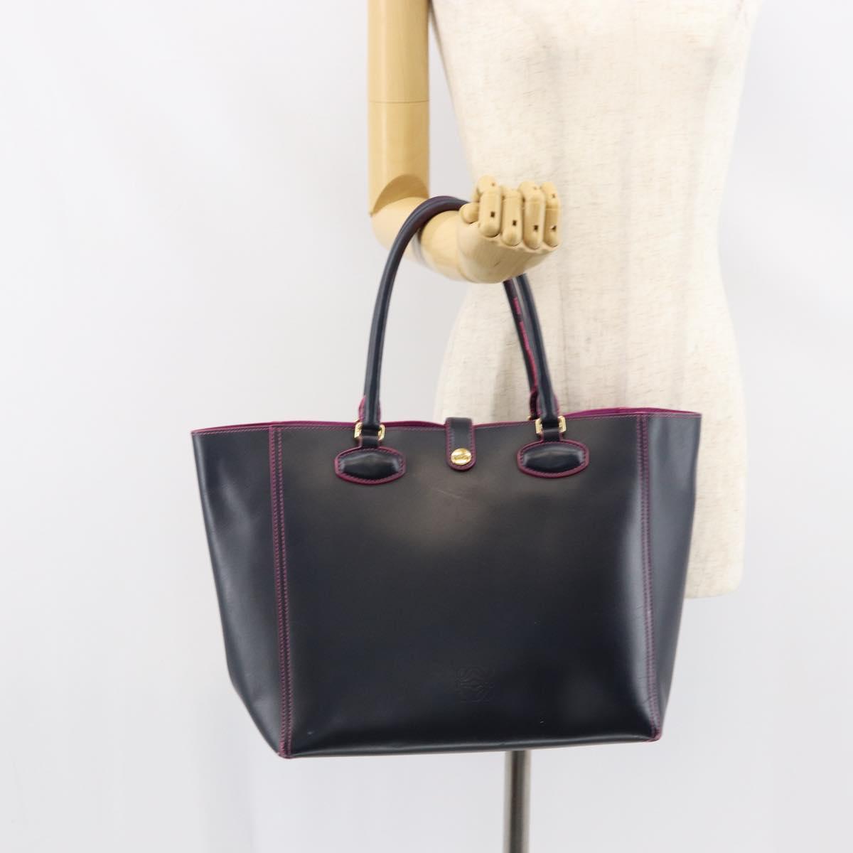 LOEWE Anagram Tote Bag Leather Navy Gold Auth yk19519