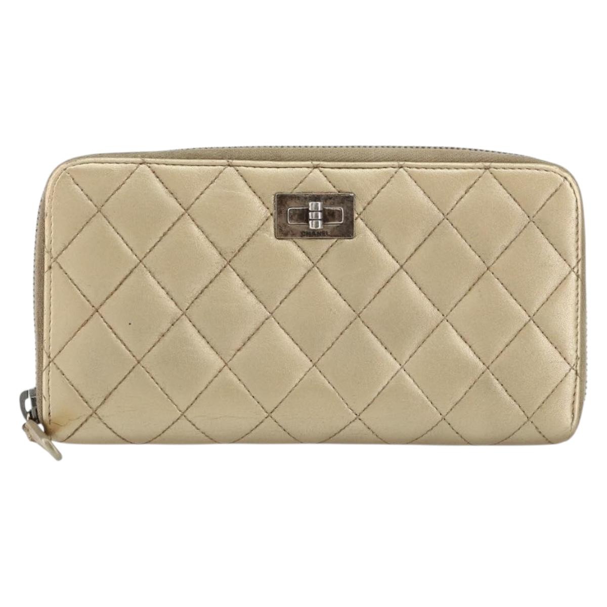 CHANEL 2.55 Matelasse Long Wallet Lamb Skin Gold CC Auth yk19525