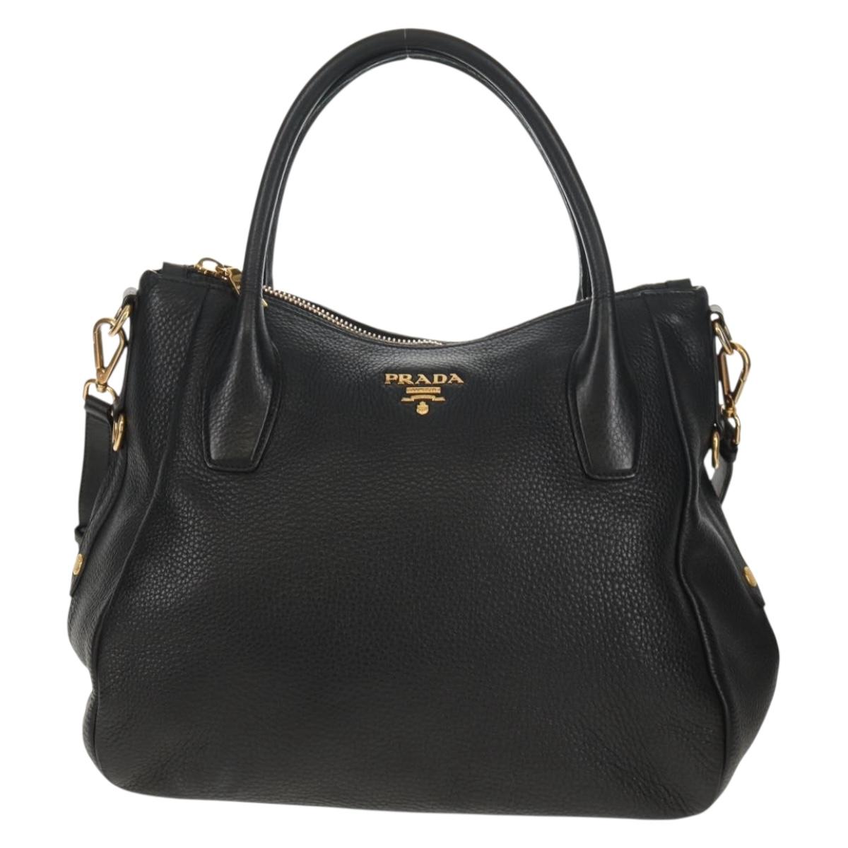 PRADA Hand Bag Leather 2way Black Gold Auth yk19532V
