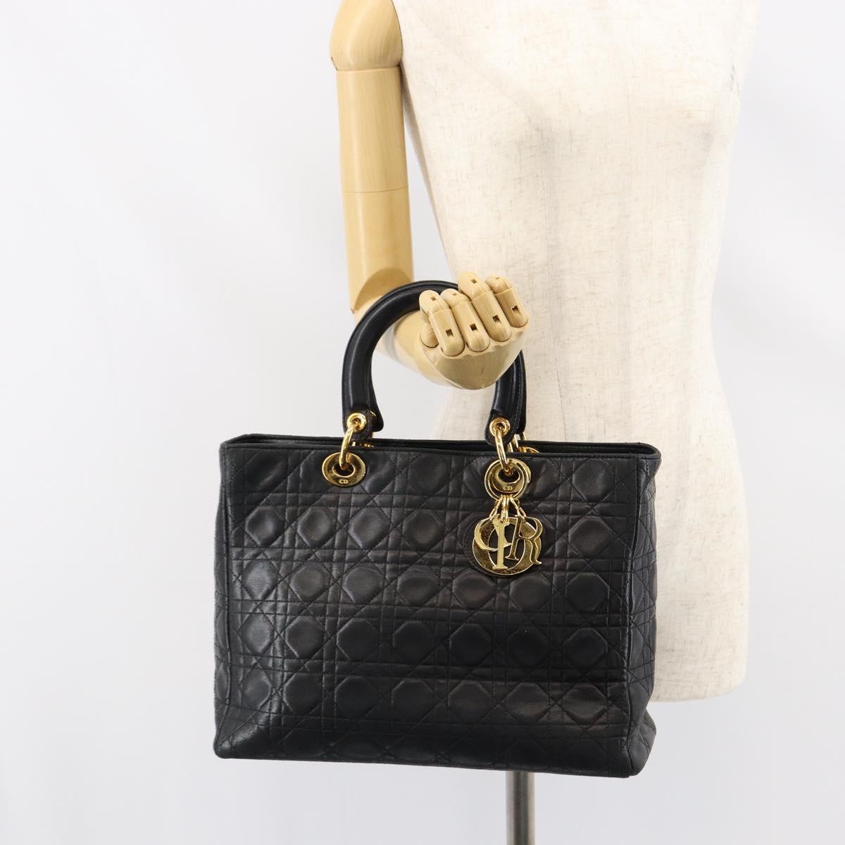 Christian Dior Canage Lady Dior Hand Bag Lamb Skin Black Gold Auth yk19533