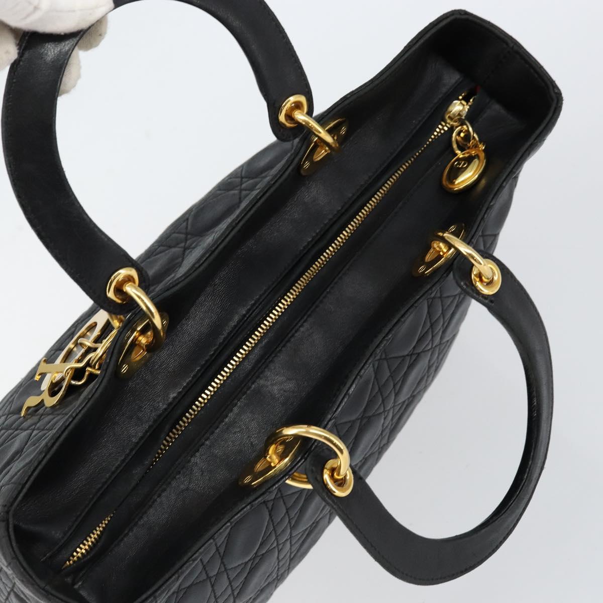 Christian Dior Canage Lady Dior Hand Bag Lamb Skin Black Gold Auth yk19533