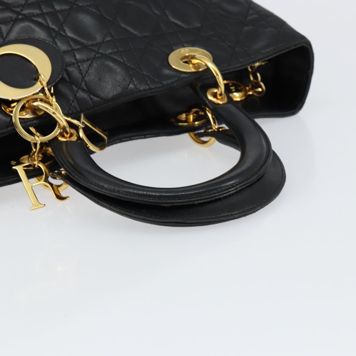 Christian Dior Canage Lady Dior Hand Bag Lamb Skin Black Gold Auth yk19533