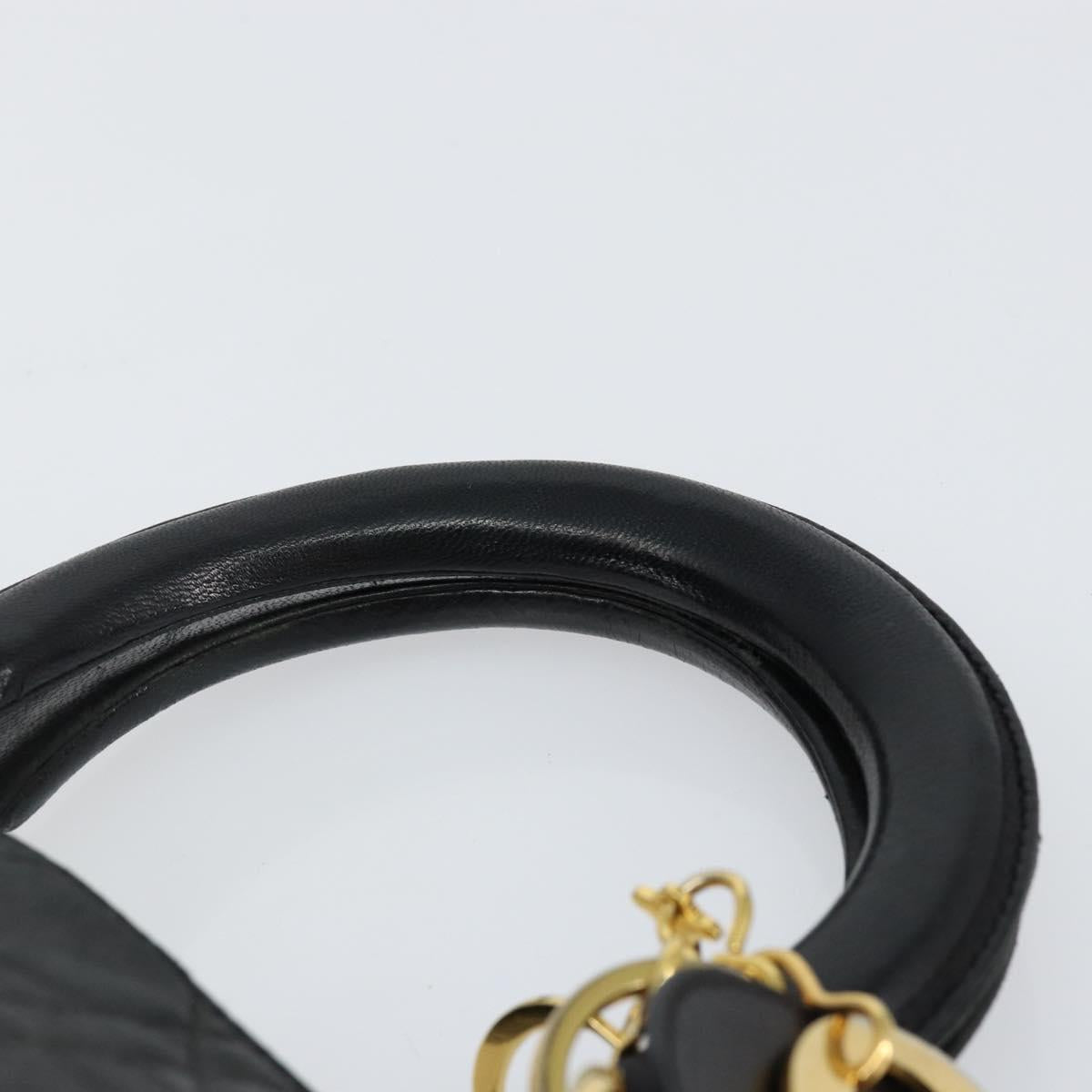 Christian Dior Canage Lady Dior Hand Bag Lamb Skin Black Gold Auth yk19533