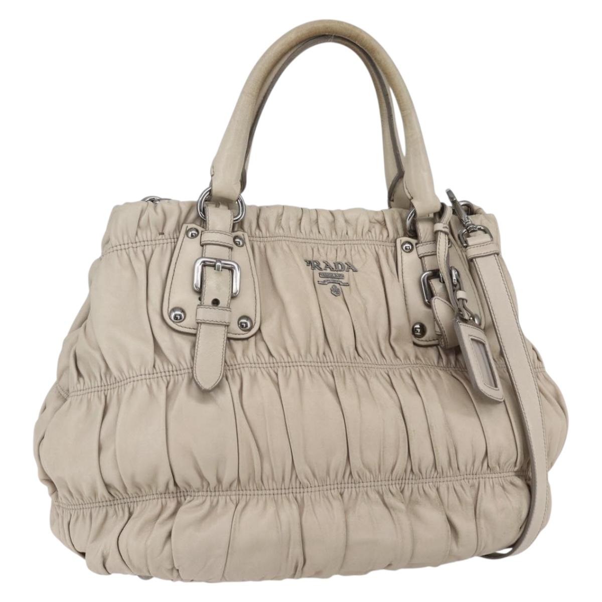 PRADA Gathered Hand Bag Leather 2way Beige Silver Auth yk19545