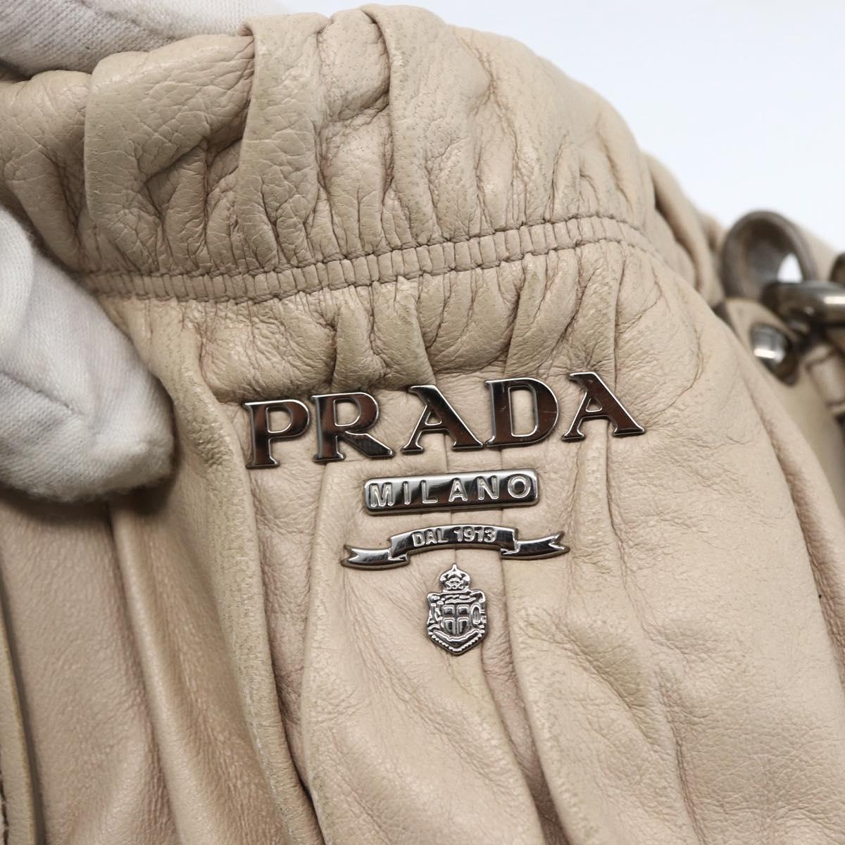 PRADA Gathered Hand Bag Leather 2way Beige Silver Auth yk19545