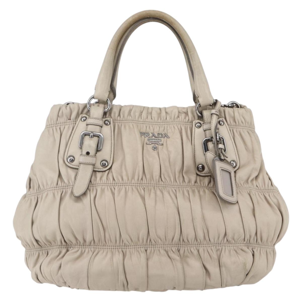 PRADA Gathered Hand Bag Leather 2way Beige Silver Auth yk19545