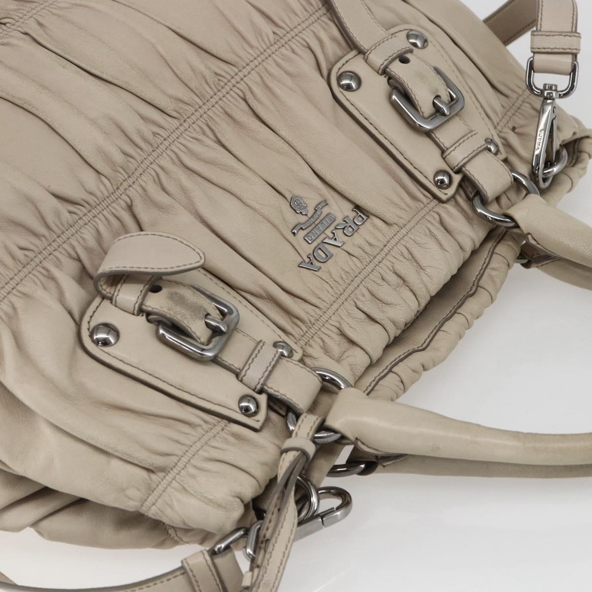 PRADA Gathered Hand Bag Leather 2way Beige Silver Auth yk19545