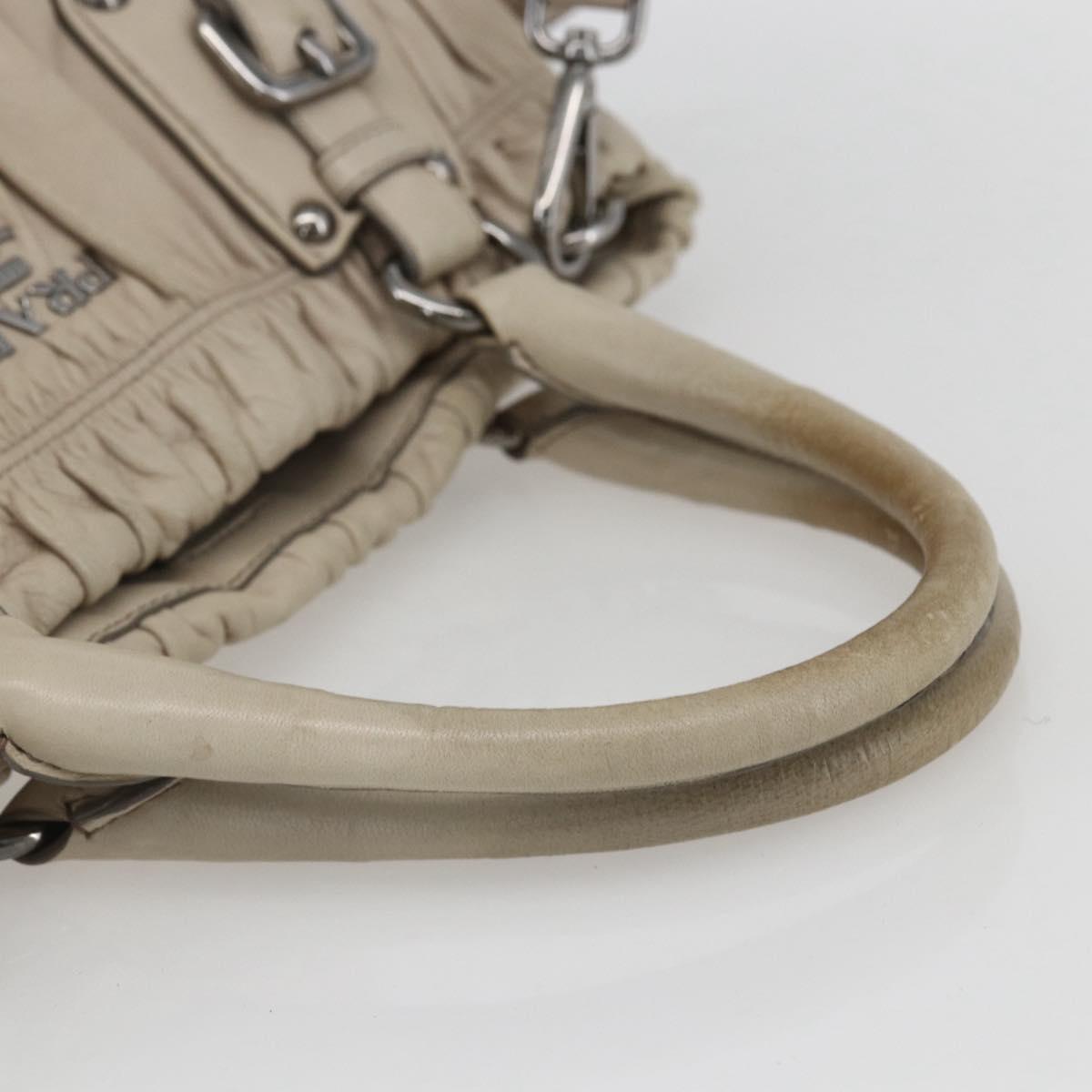 PRADA Gathered Hand Bag Leather 2way Beige Silver Auth yk19545