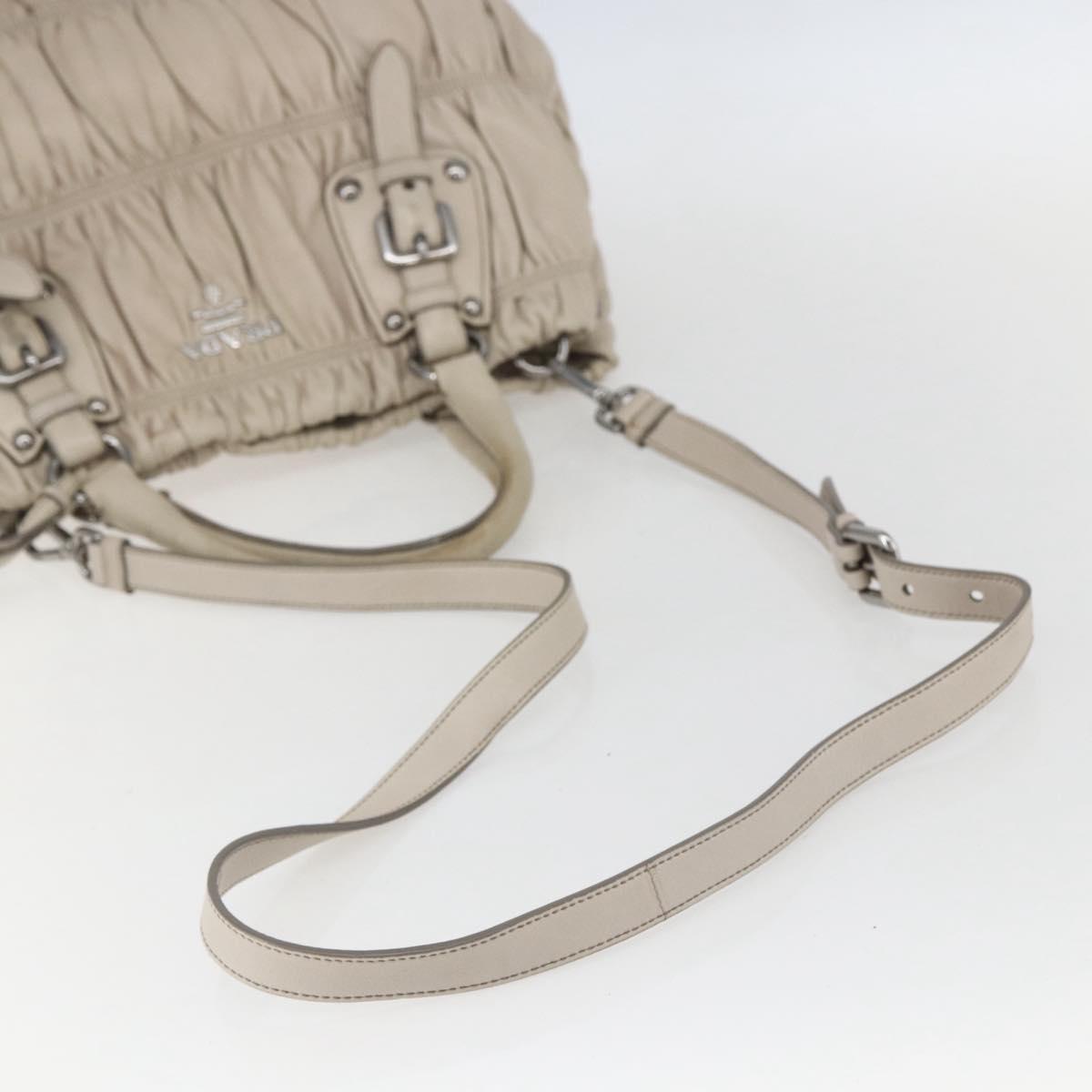 PRADA Gathered Hand Bag Leather 2way Beige Silver Auth yk19545