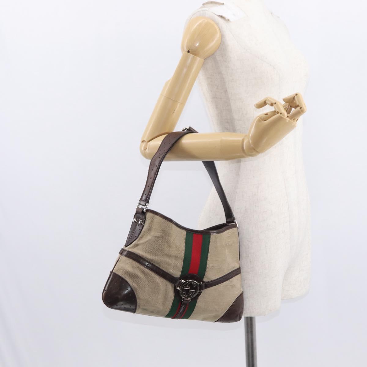 GUCCI Web Sherry Line Shoulder Bag Beige Silver Red 114877 Auth yk19547