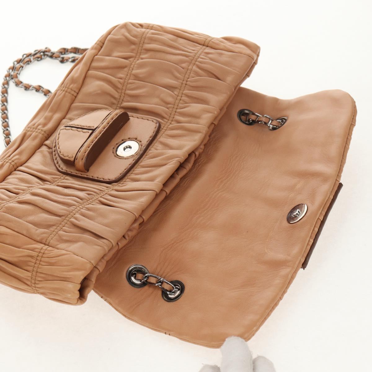 PRADA Gathered Chain Shoulder Bag Leather Beige Silver B4553C Auth yk19578V