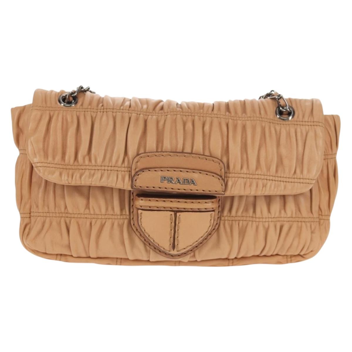 PRADA Gathered Chain Shoulder Bag Leather Beige Silver B4553C Auth yk19578V