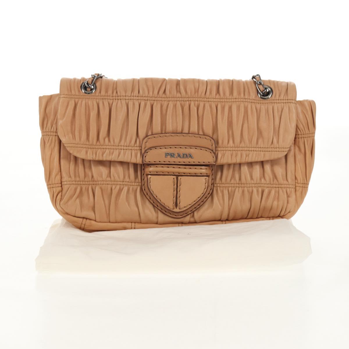 PRADA Gathered Chain Shoulder Bag Leather Beige Silver B4553C Auth yk19578V