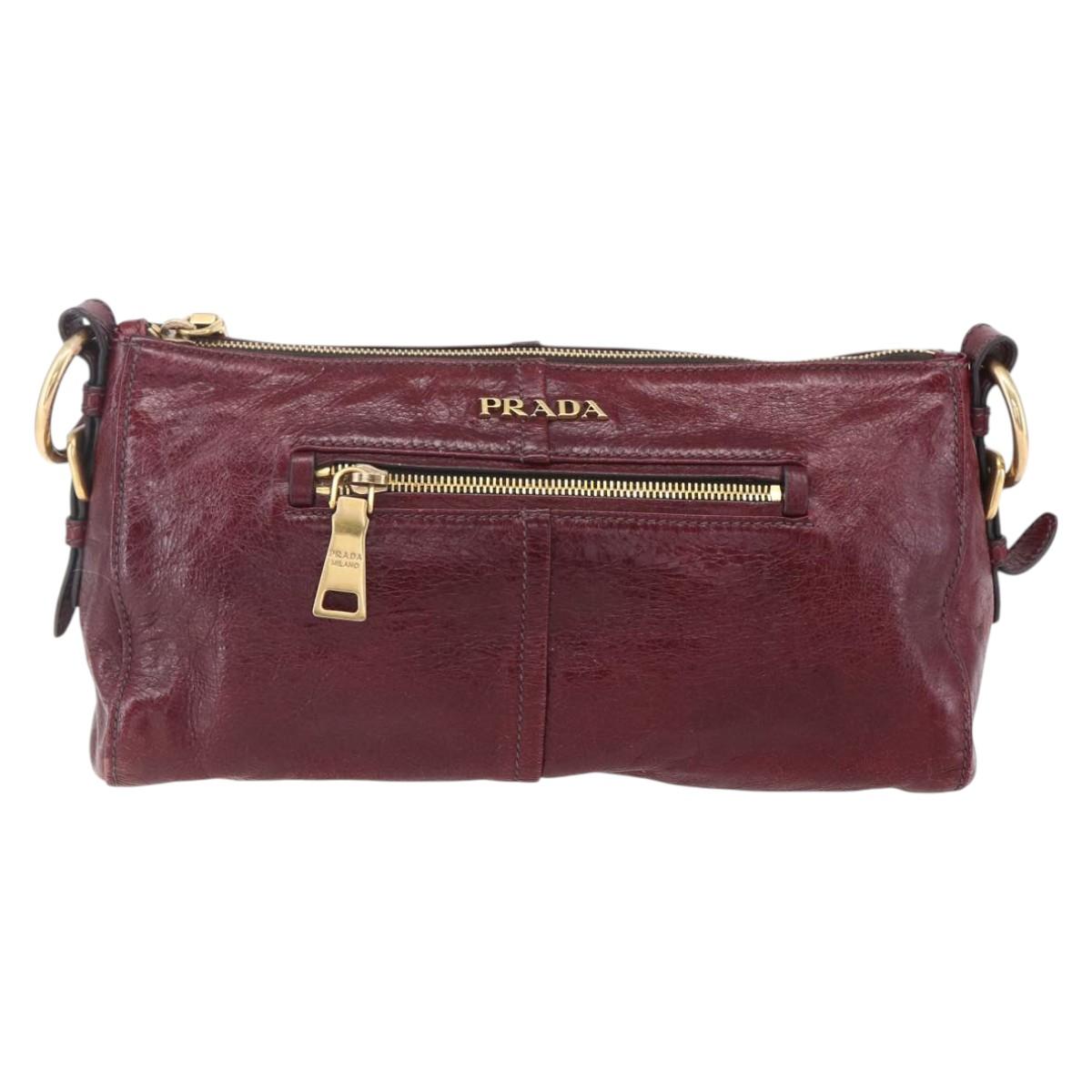 PRADA Shoulder Bag Leather Bordeaux Gold Auth yk19583