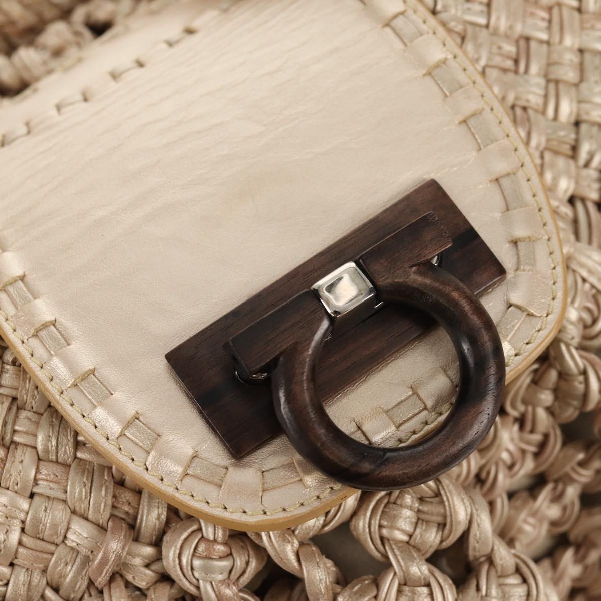 Salvatore Ferragamo Gancini Hand Bag Leather Beige Silver Auth yk19584A