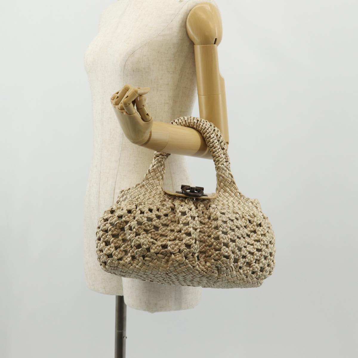 Salvatore Ferragamo Gancini Hand Bag Leather Beige Silver Auth yk19584A