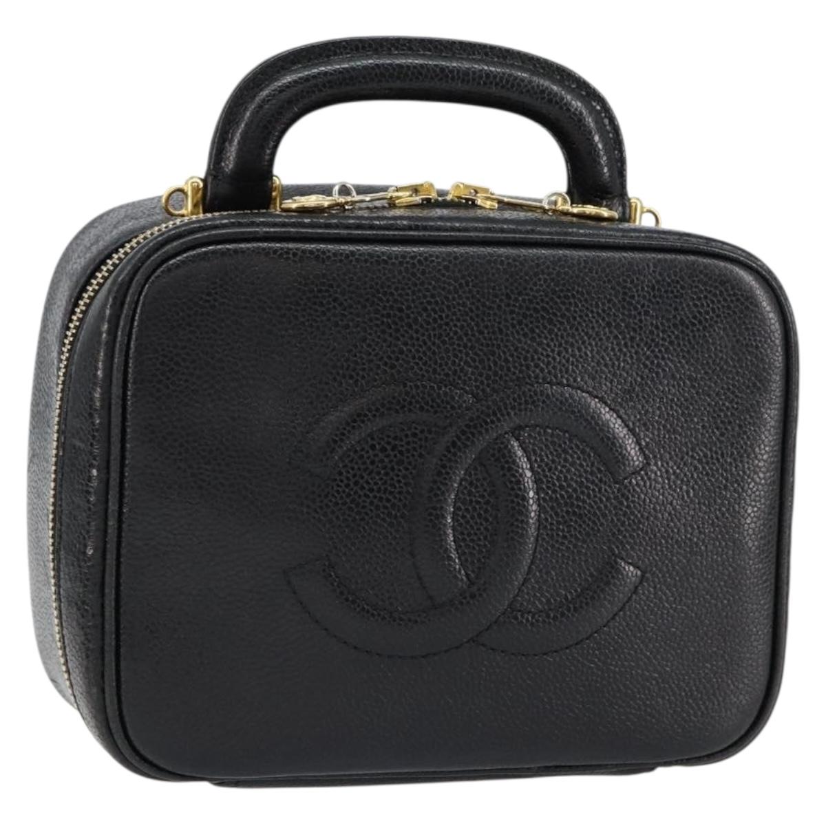 CHANEL COCO Mark Vanity Hand Bag Caviar Skin Black Gold CC Auth yk19585