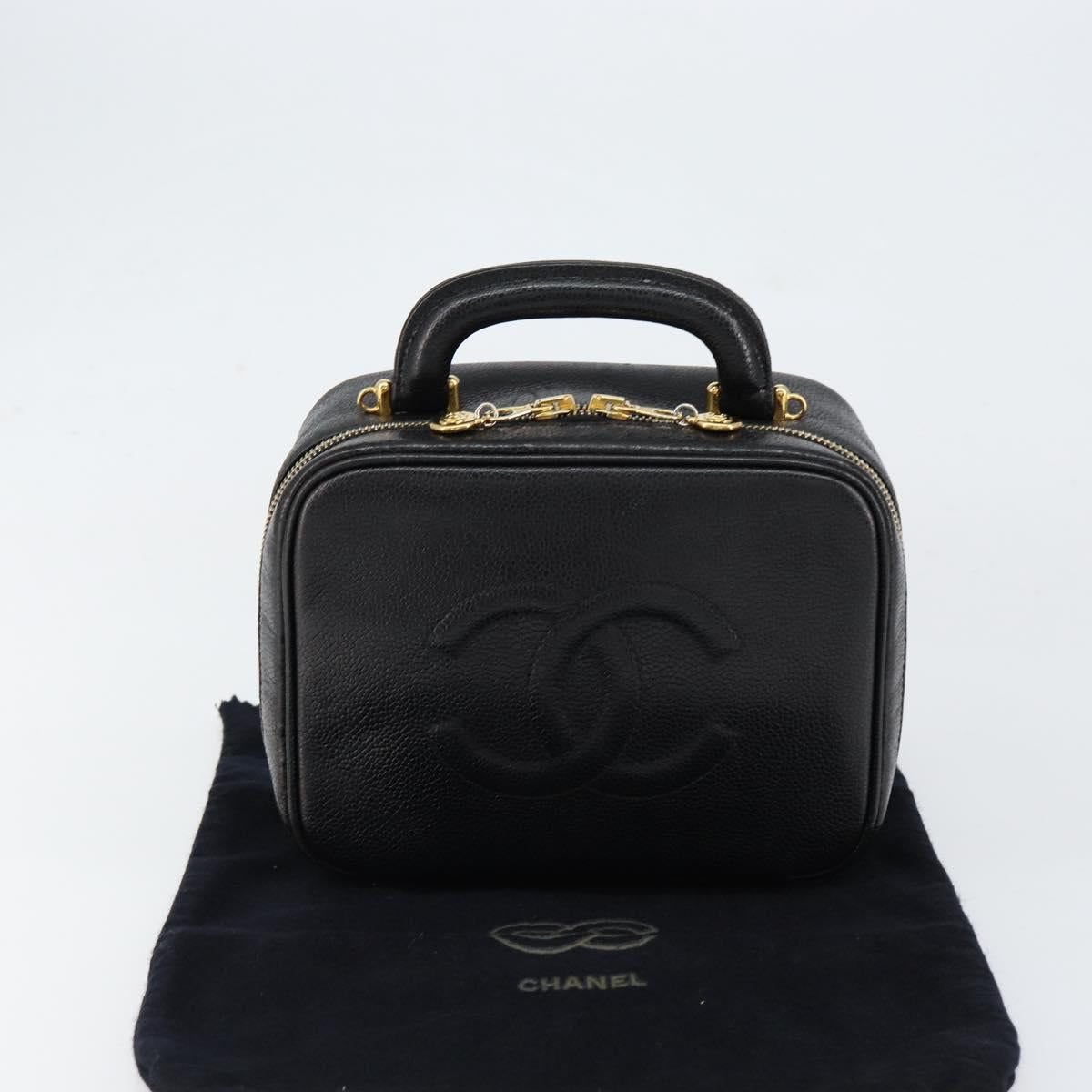 CHANEL COCO Mark Vanity Hand Bag Caviar Skin Black Gold CC Auth yk19585