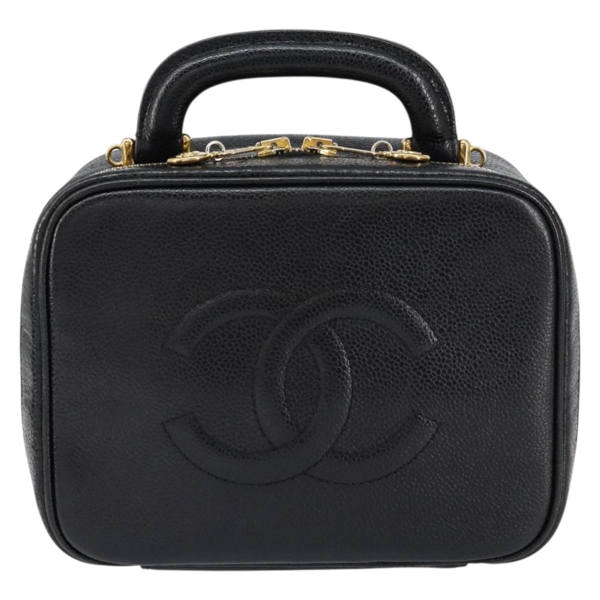 CHANEL COCO Mark Vanity Hand Bag Caviar Skin Black Gold CC Auth yk19585
