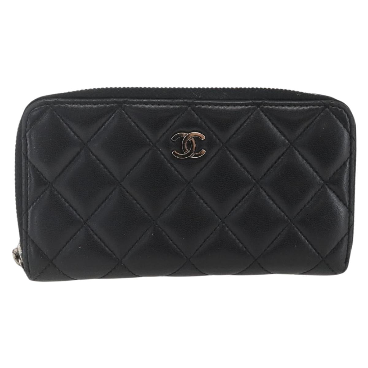CHANEL Matelasse Coin Purse Lamb Skin Black Silver CC Auth yk19647