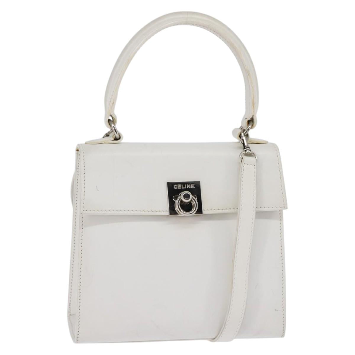 CELINE Hand Bag Leather 2way White Silver Auth yk19665