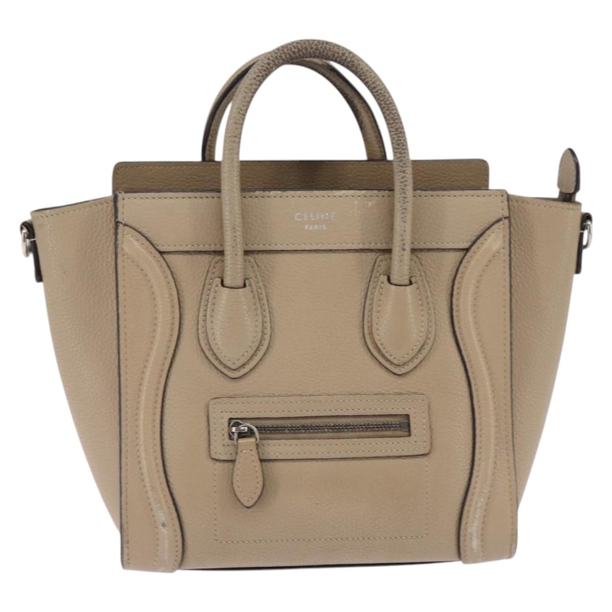 CELINE Luggage nano Hand Bag Leather 2way Beige Silver Auth yk19706