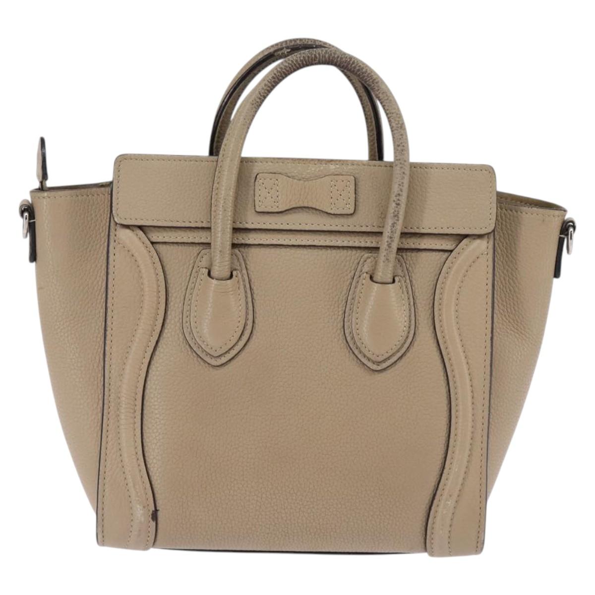 CELINE Luggage nano Hand Bag Leather 2way Beige Silver Auth yk19706