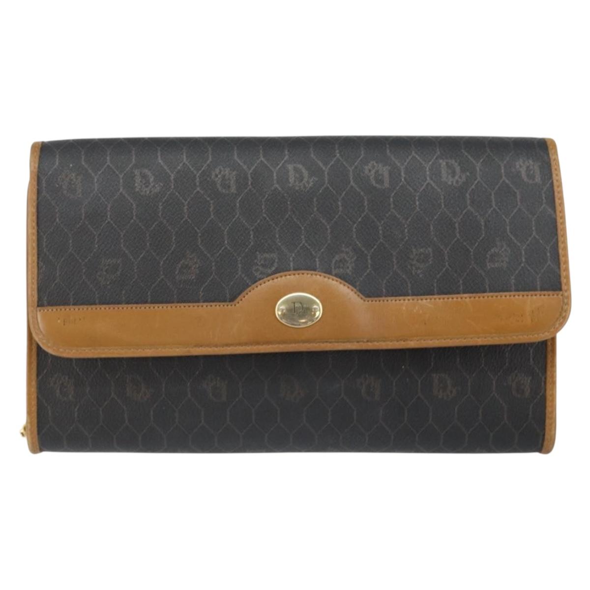 Christian Dior Honeycomb Canvas Chain Shoulder Bag PVC Black Gold Auth yk19714