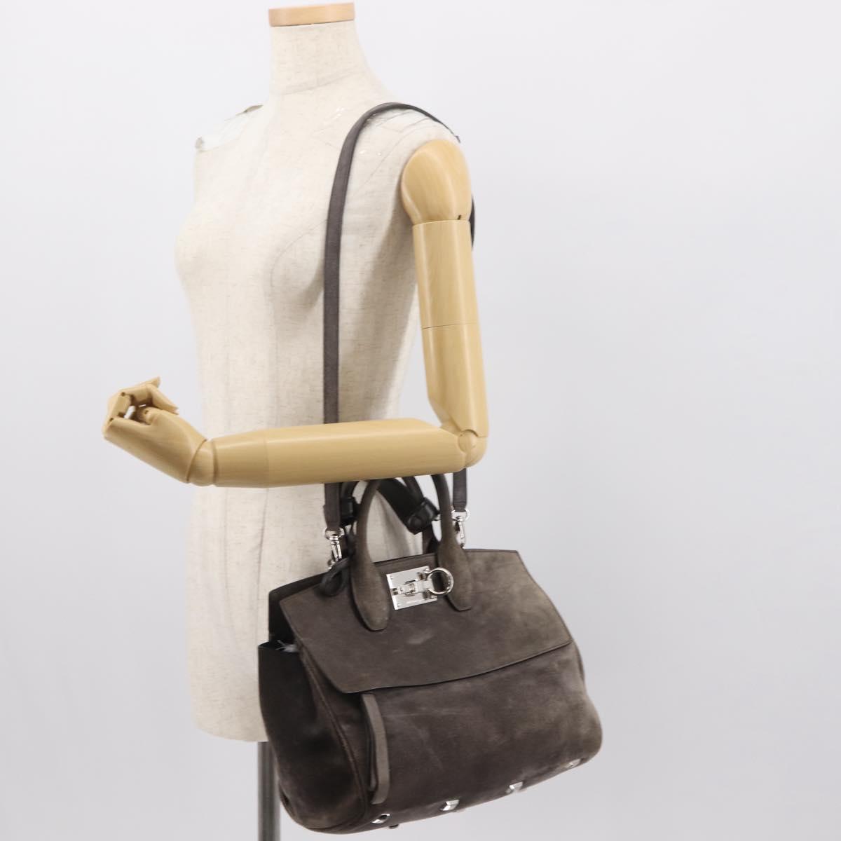 Salvatore Ferragamo Gancini Hand Bag Suede 2way Gray Silver Auth yk19722