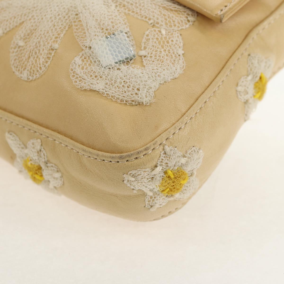 FENDI Flower Mamma Baguette Shoulder Bag Leather Beige Silver Auth yk19724V