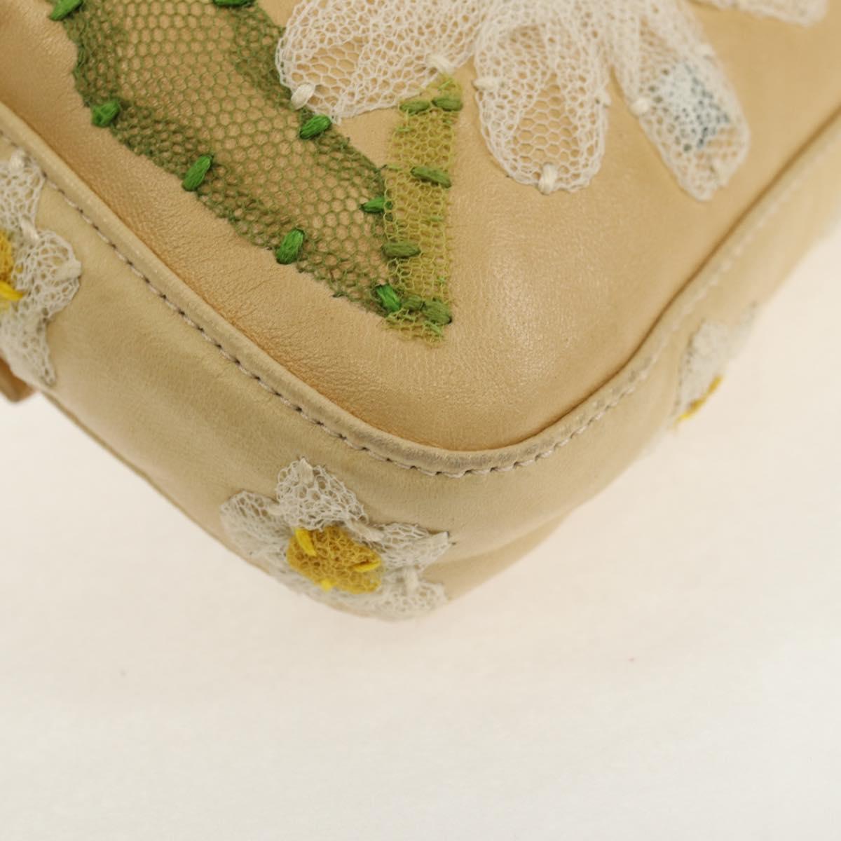 FENDI Flower Mamma Baguette Shoulder Bag Leather Beige Silver Auth yk19724V