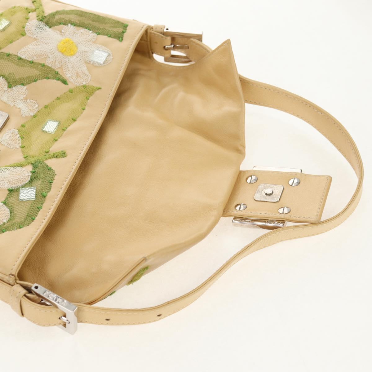 FENDI Flower Mamma Baguette Shoulder Bag Leather Beige Silver Auth yk19724V