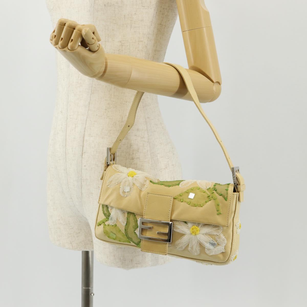 FENDI Flower Mamma Baguette Shoulder Bag Leather Beige Silver Auth yk19724V