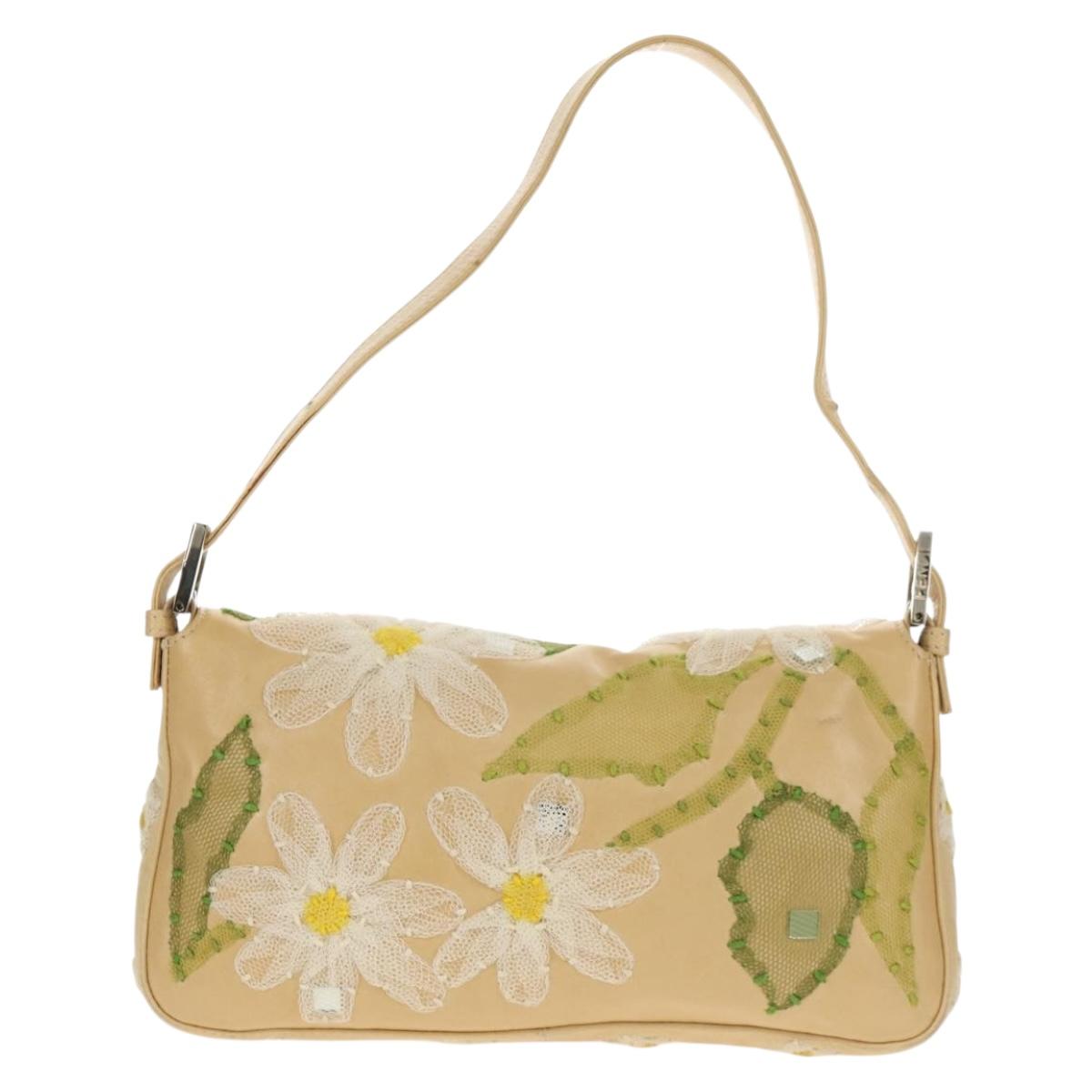 FENDI Flower Mamma Baguette Shoulder Bag Leather Beige Silver Auth yk19724V