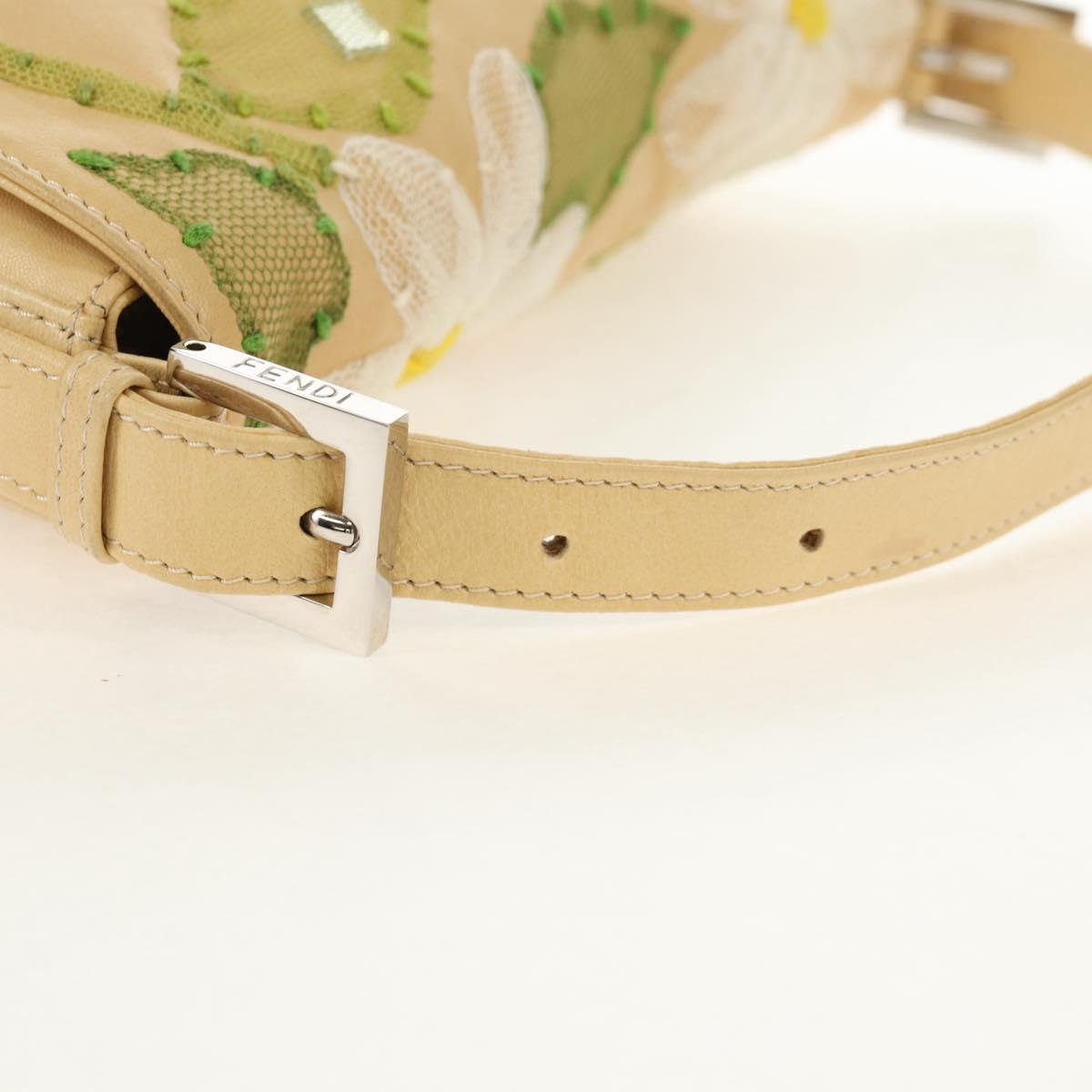 FENDI Flower Mamma Baguette Shoulder Bag Leather Beige Silver Auth yk19724V