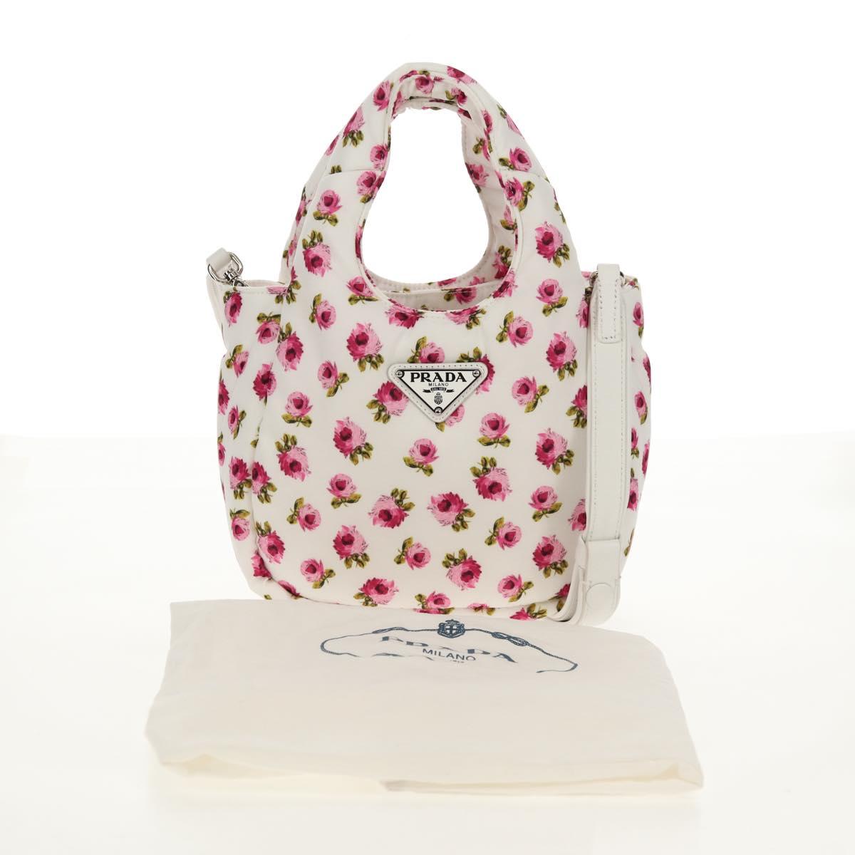 PRADA Floral Hand Bag Nylon 2way White Pink Silver 1BA359 Auth yk19751M