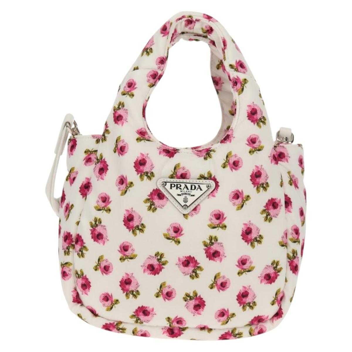 PRADA Floral Hand Bag Nylon 2way White Pink Silver 1BA359 Auth yk19751M