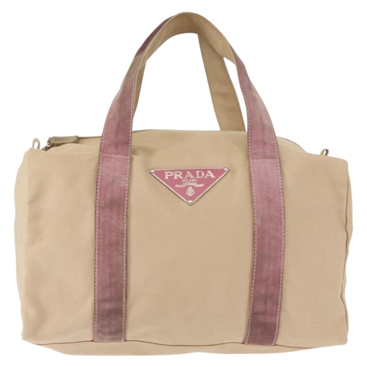 PRADA Tote Bag Canvas Leather Beige Silver Auth yk19753