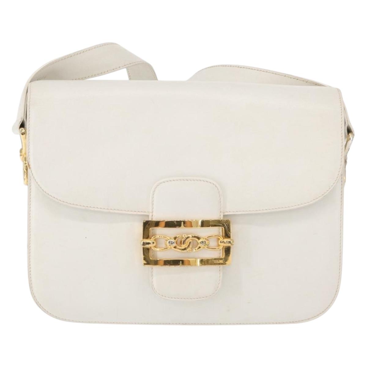 CELINE Shoulder Bag Leather White Gold Auth yk19773